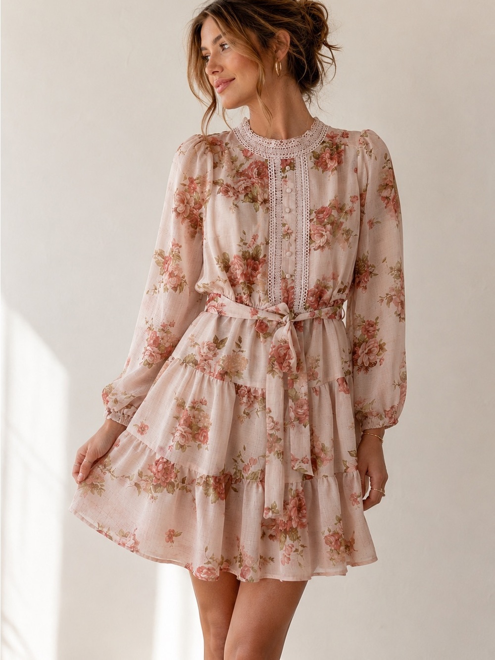 Blu Pepper Blush Floral Lace-Trim Long Sleeve Tiered Mini Dress